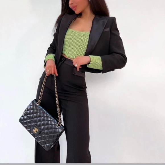 NWT Zara Houndstooth Neon Green & Black Crop Top Medium M Gorgeous Top - Picture 7 of 9